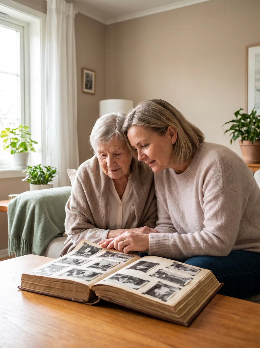 Pečovatelka a seniorka si prohlížejí fotoalbum.
